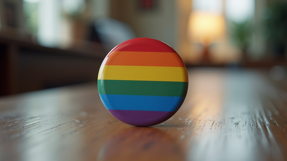 Eye-level view of a colorful LGBTQ+ support button