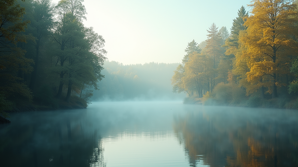 Eye-level view of a serene landscape with a calm lake and trees