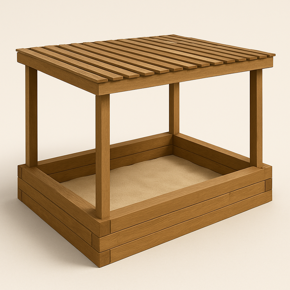 Kids wooden sandbox with protective roof, natural wood outdoor sandpit play structure for garden playground.