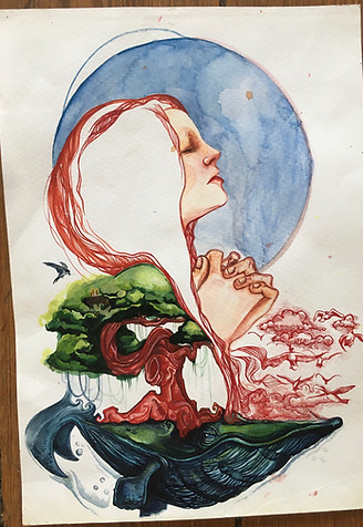 Aquarellbild Wal Baum betende Frau Vögel und Mond im Hintergrund