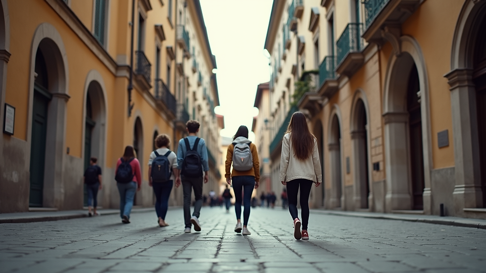 Eye-level view of a historic European city street with students walking