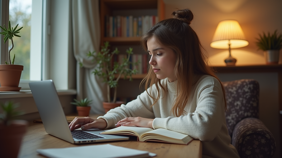 Eye-level view of a student studying with a laptop and books in a cozy room