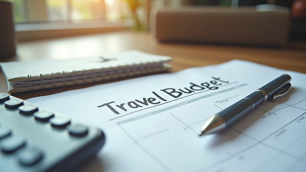 Close-up view of a travel budget planner with a calculator and notes
