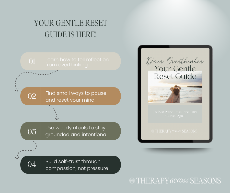 Infographic preview of The Gentle Reset Guide by Therapy Across Seasons showing four gentle steps to stop overthinking, reflect, pause, stay grounded, and build self-trust
