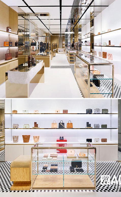 Interior view of Burberry store at Bal Harbour Shops featuring handbag displays, glass shelving, black and white checkered flooring, and mirrored ceilings