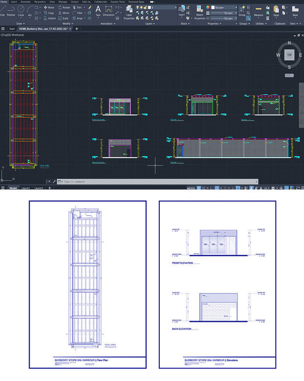 AutoCAD software interface and exported architectural drawings showing floor plan, front elevation, and back elevation for Burberry Bal Harbour as-built project.