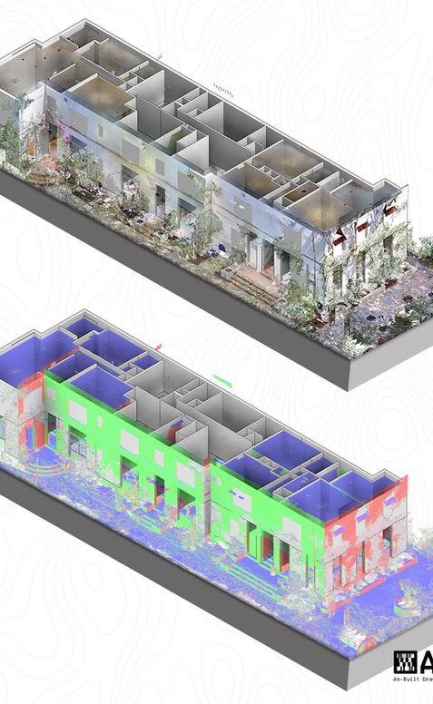 Scan-to-BIM 3D model of a 6,064 SF residential building in Miami Beach, FL color-coded walls and interior section on Meridian Ave