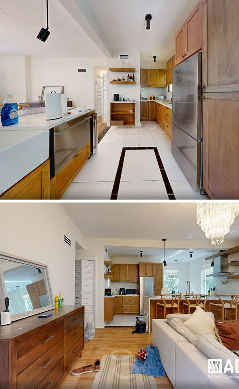 Interior existing conditions of a 6,064 SF residential building in Miami Beach, FL, kitchen and living area documentation on Meridian Ave