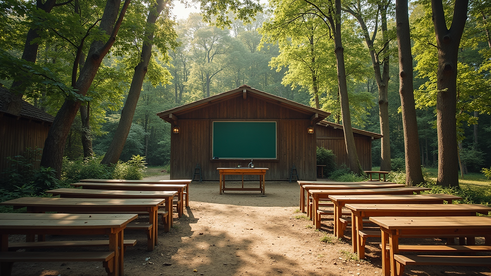 Wide angle view of a rustic outdoor classroom surrounded by trees