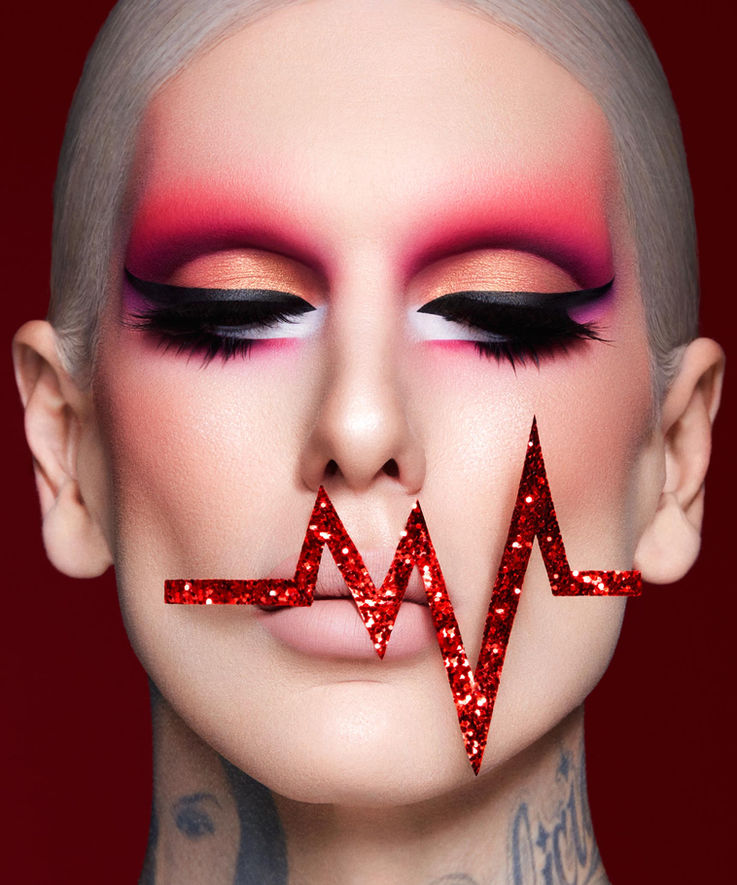 Edgy Beauty Photoshoot for Jeffree Star Cosmetics Blood Sugar eyeshadow palette by Los Angeles Commercial  cosmetic makeup photographer.
