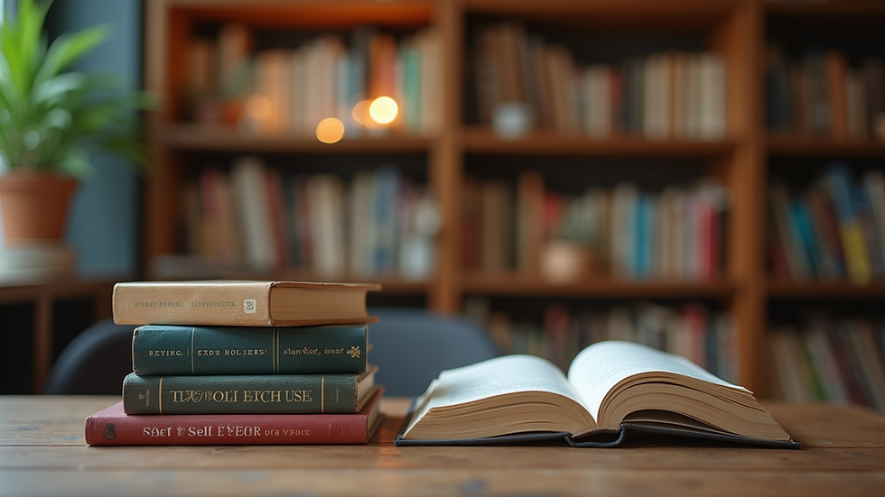 Eye-level view of a cozy reading nook with a stack of self-help books