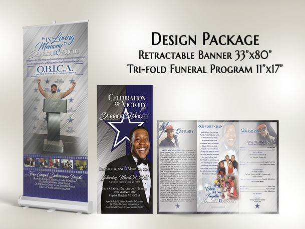 Design Package - Retractable Banner 33"x80" and Trifold Funeral Program 11"x17" (Sports Theme)