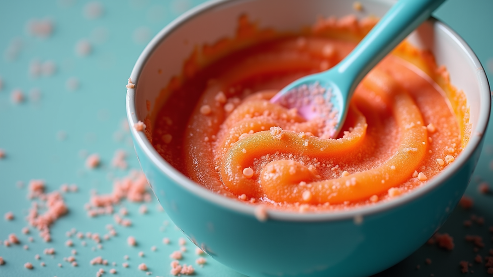 Eye-level view of a mixing bowl with colorful fluffy slime being stirred