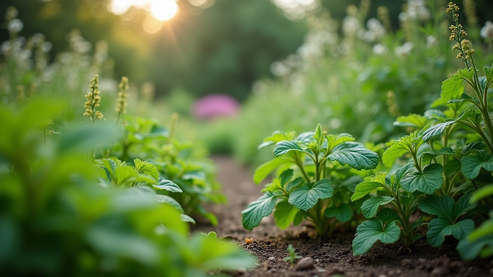 Eye-level view of a serene herbal garden with various green plants