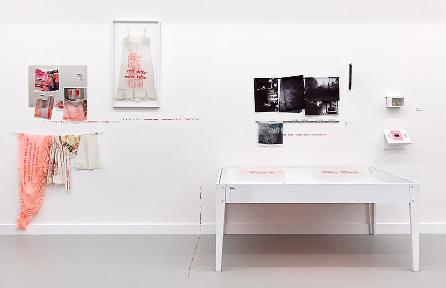 Exhibition view, Poussière du réel, Luz Blanco, 2026. 4 installations: silk prints, wall poem, textile poem and book. Amnésia, Centre Tignous, Montreuil.