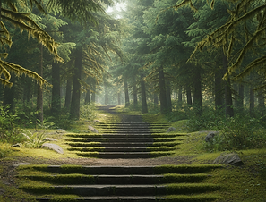 Firefly_Gemini Flash_A steady forest trail leading through mossy evergreens, soft directio