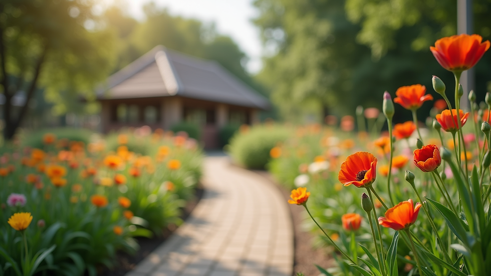 Eye-level view of a serene community garden with blooming flowers