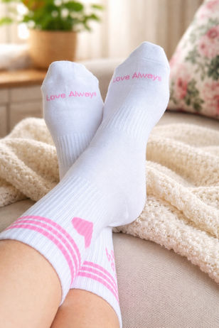 "Love Always" is a timeless mantra. Love Always socks are perfect gifts to those you love and also a self-love mantra to yourself on your cute pink and white socks.