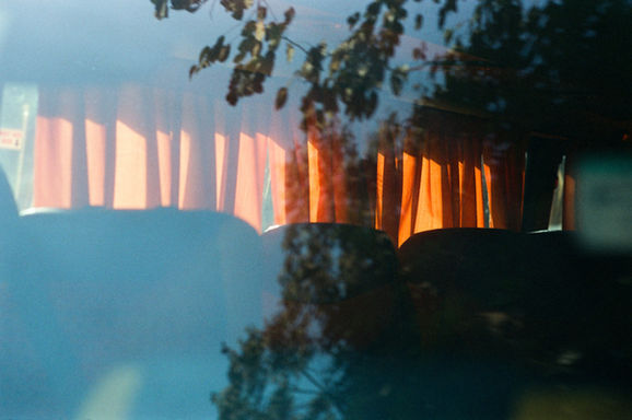 Reflection of orange curtains and tree