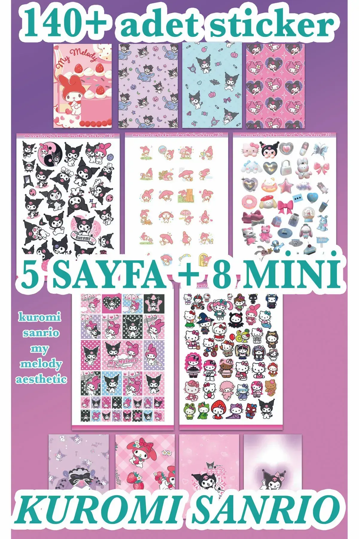 Kuromi Sanrio 5'li + 8'li Sticker Seti (140+ adet) journal ajanda hello kitty