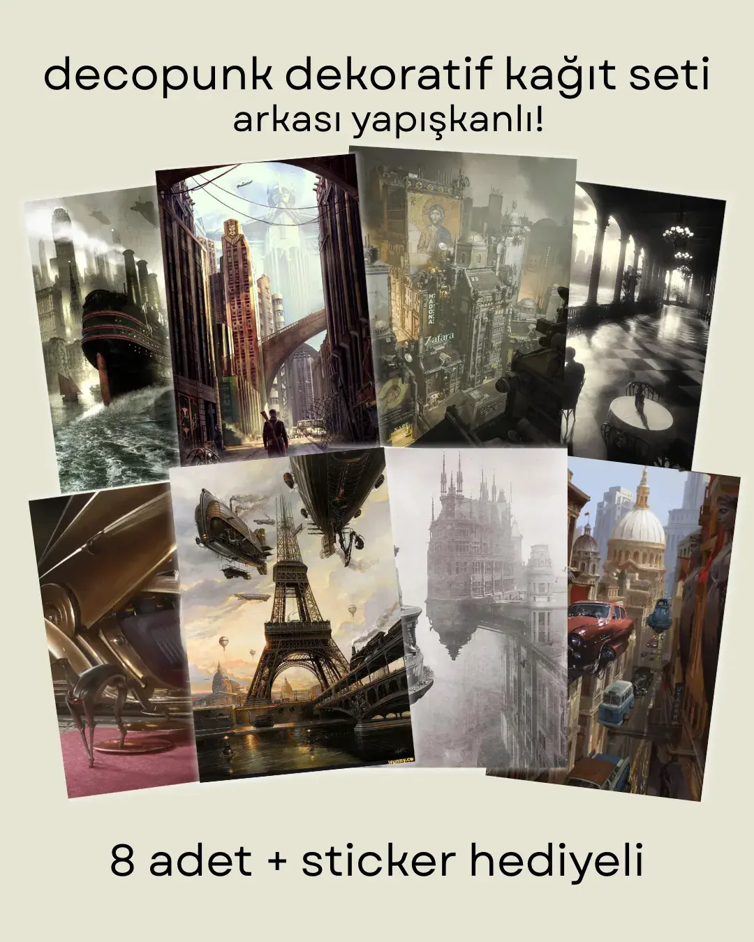 decopunk 8'li desenli kağıt seti (arkası yapışkanlı) - journaling, scrapbooking