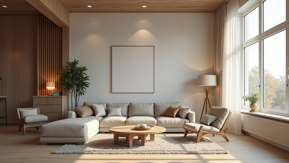 Wide angle view of a cozy living room with modern furniture