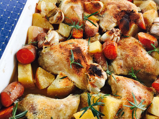 Chicken, potato and carrot bake with Parmesan cheese and rosemary