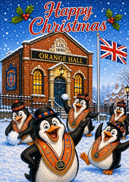 Christmas Card 2026 - Loyal Penguins Outside Orange Hall