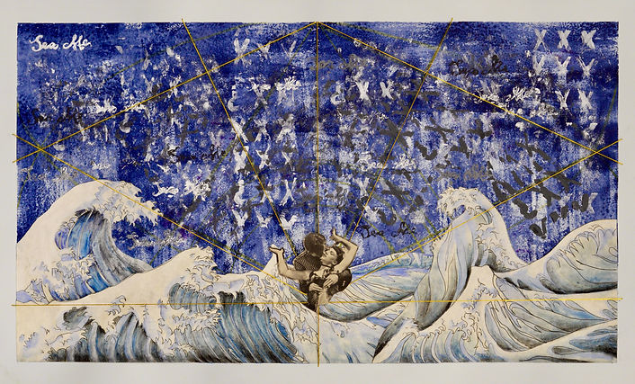 anya salmen, anya carolyn, anya salmen art, the wave, japanese inspired art, mixed media, chalk pastel, mixed media
