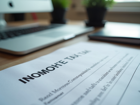 Vista frontal de uma mesa com computador e documentos para declaração de imposto de renda