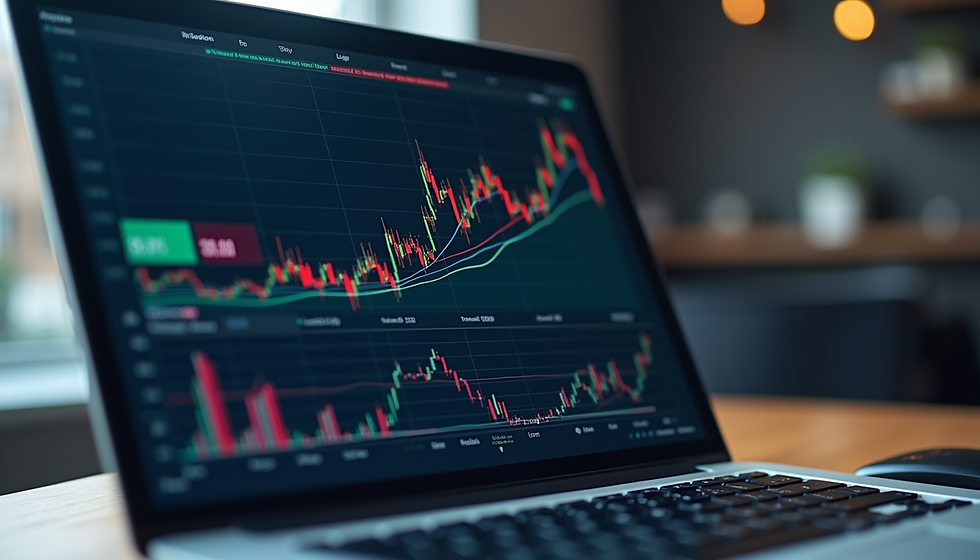 Close-up view of a laptop screen showing stock market graphs