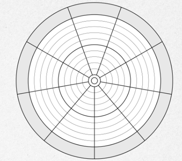 a blank wheel of life - a large circle is segmented into 9 'slices' and there are 10 rings around the whole circle from the middle to the outer edge