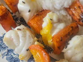 Brochettes de lotte aux carottes rôties à l’orange