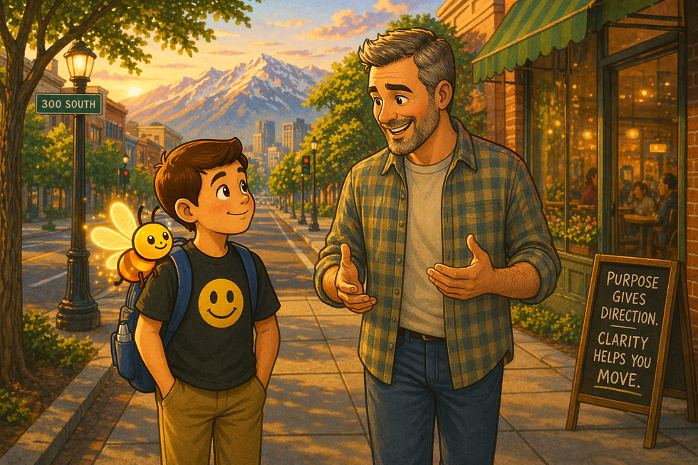 Boy with a firefly mentor smiles at a man during sunset on a street. Sign reads "Purpose gives direction. Clarity helps you move."