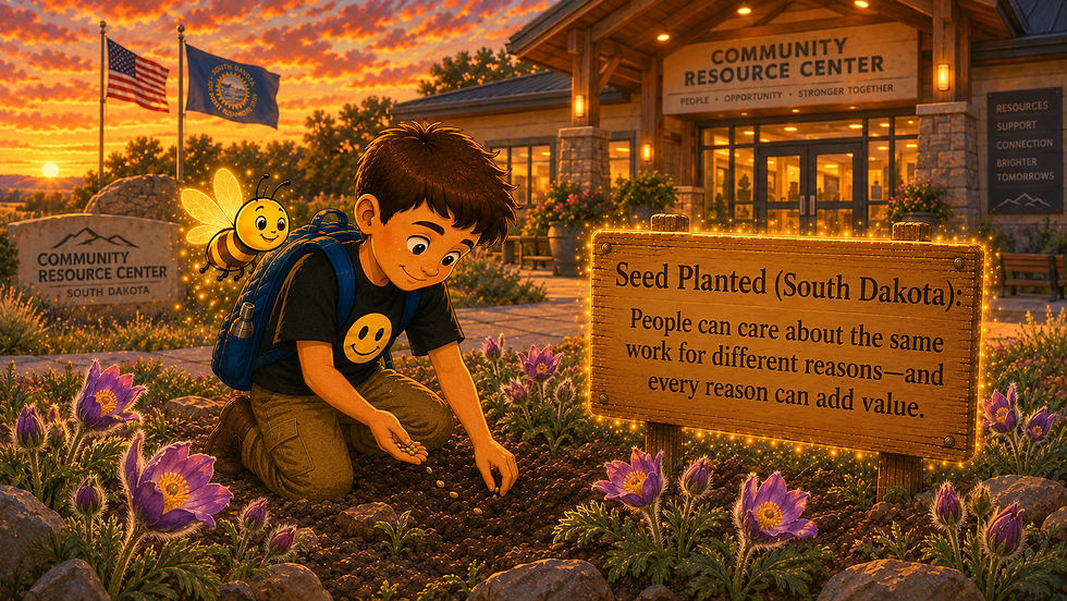 Boy plants seeds beside a glowing sign at a South Dakota community resource center, with a smiling firefly and sunset sky.