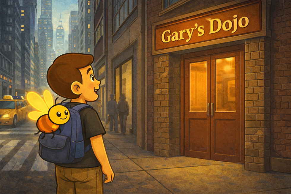 Boy with firefly on his backpack, smiling outside "Gary's Dojo" on a city street. Tall buildings in the background, evening atmosphere.