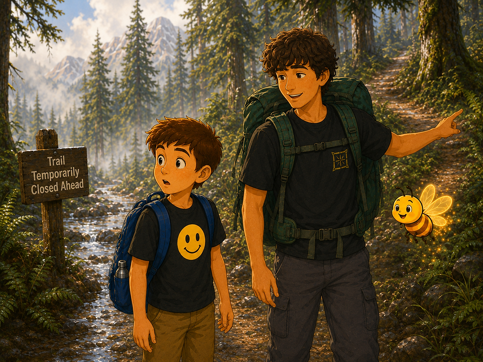 Two hikers on a pine forest mountain trail study a glowing firefly; a sign reads Trail Temporarily Closed Ahead.