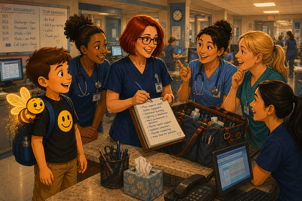 Smiling nurses and a boy gather at a hospital desk as one nurse holds a clipboard of staff ideas; busy ward with room assignment board.