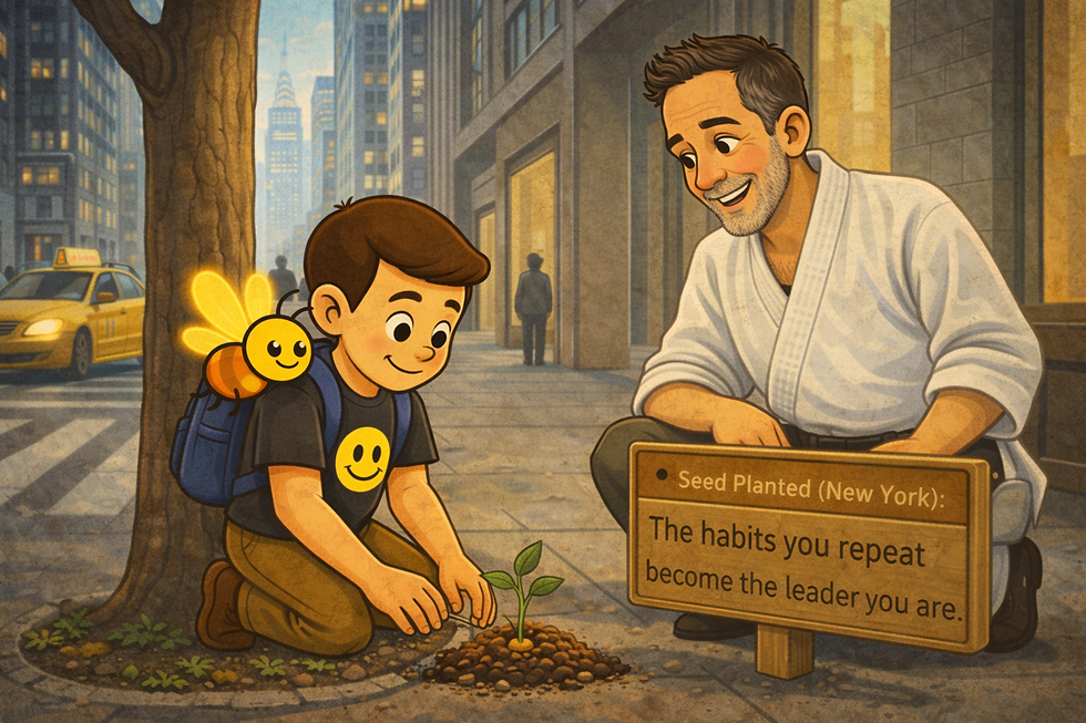 Boy planting a seed with a smiling firefly guided by a smiling man. A sign reads "The habits you repeat become the leader you are."
