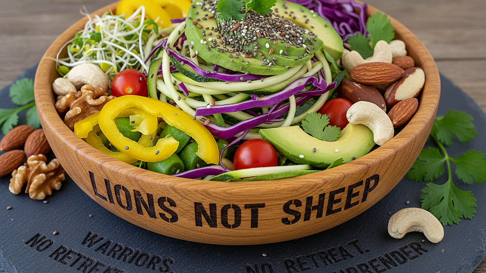 Close-up view of a colorful alkaline meal with fresh vegetables and nuts