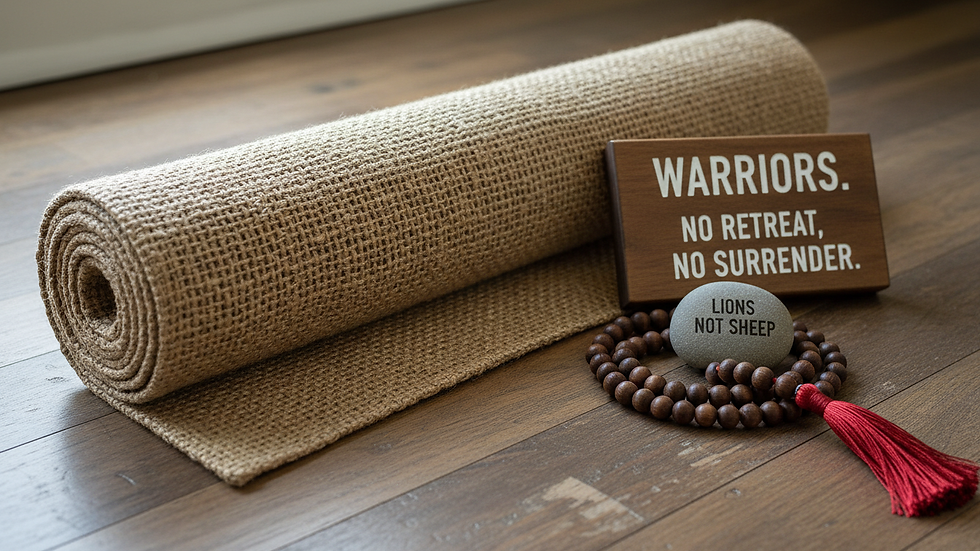 Close-up view of a yoga mat and meditation beads on wooden floor