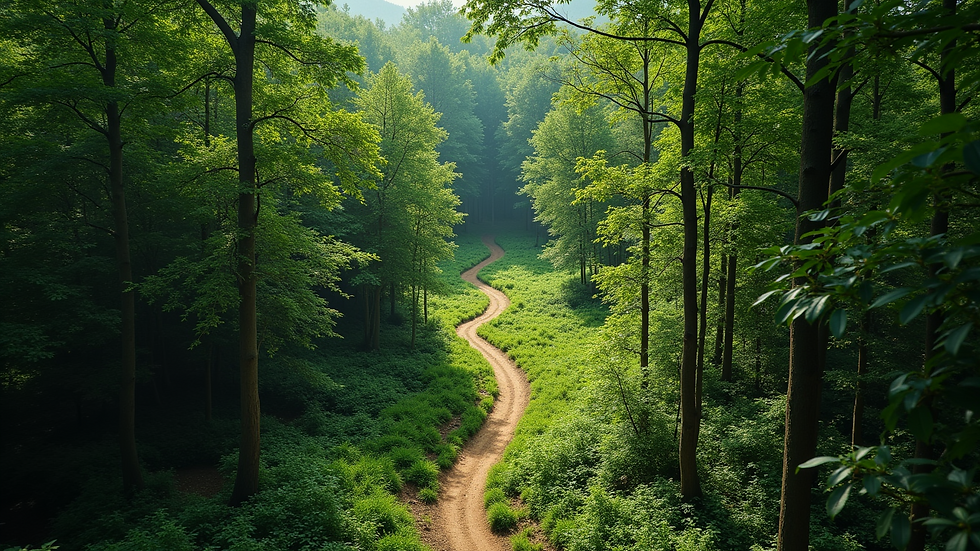 High angle view of a winding path through a lush green forest symbolizing a journey