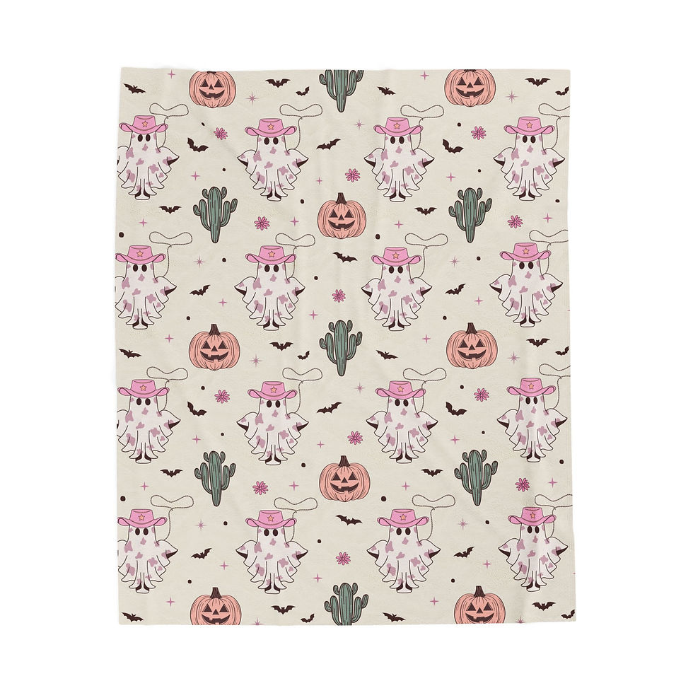 Velveteen blanket with Halloween Western cowgirl ghosts in pink hats, cacti, pumpkins, bats, and stars on a light background.