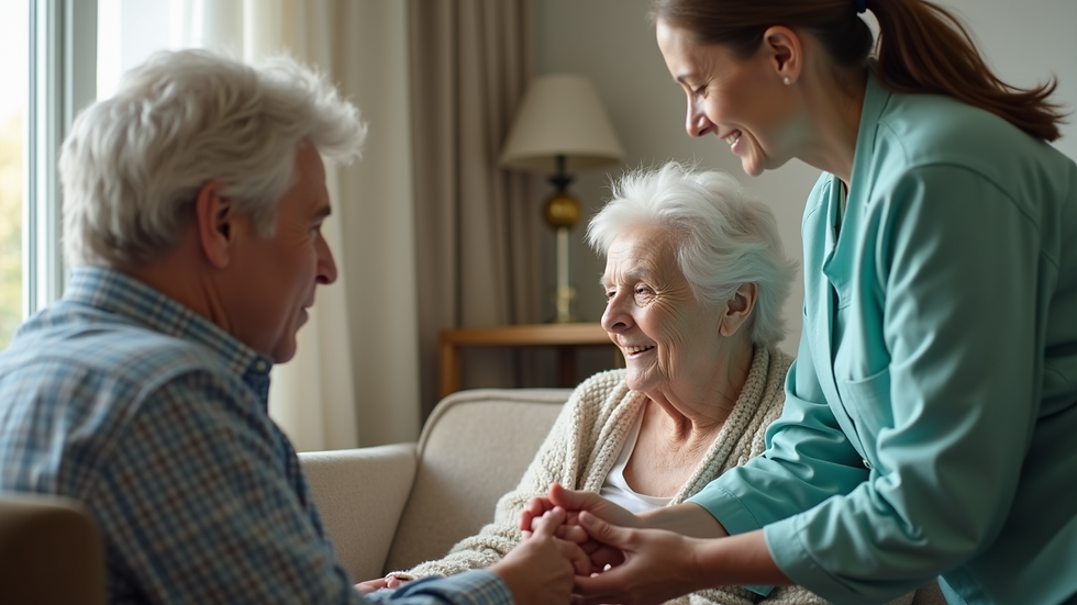 Close-up view of a caregiver assisting an elderly person in a home setting