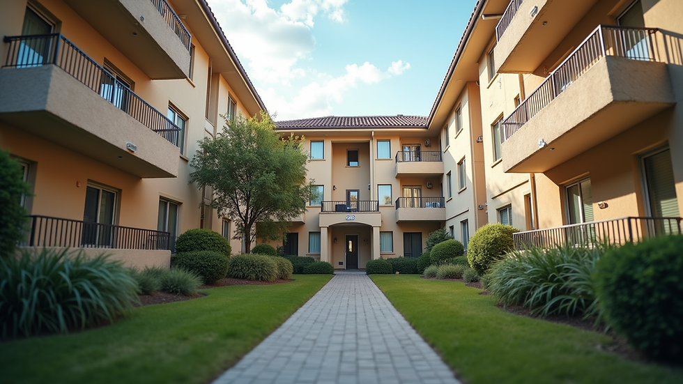 Eye-level view of a well-maintained apartment complex