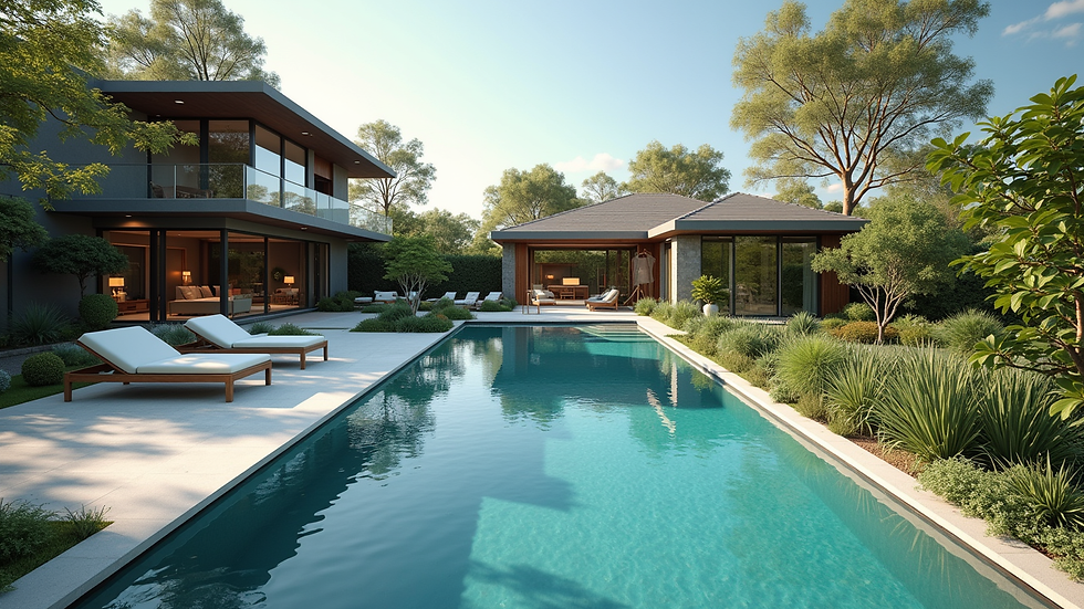 High angle view of a luxury home with a swimming pool and garden