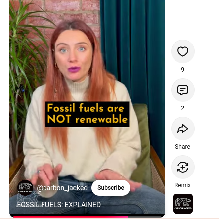 Image of young female presenter, caption: fossil fuels are NOT renewable