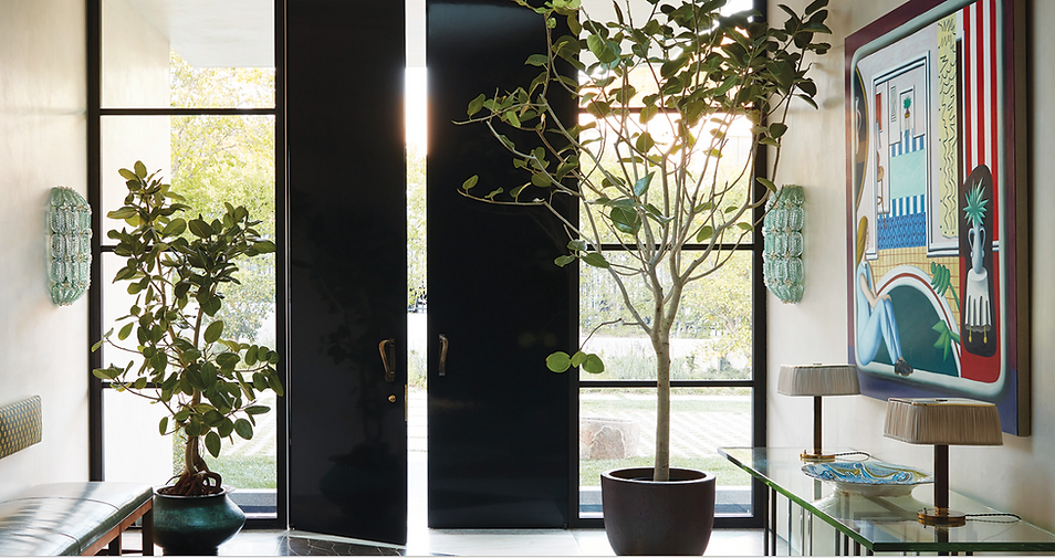 Modern entryway with black double doors, potted plants, and colorful artwork on the wall
