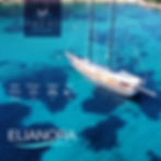 White yacht named "Elianora" on clear blue sea. Text: Yacht Boutique, 33m, 12 members, 6 cabins, 5-6 crew. Calm, sunny day.