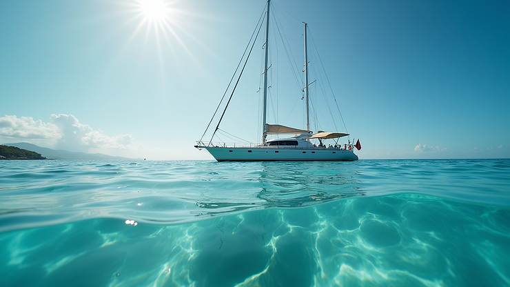 Eye-level view of the classic sailing yacht Elianora anchored in crystalline waters